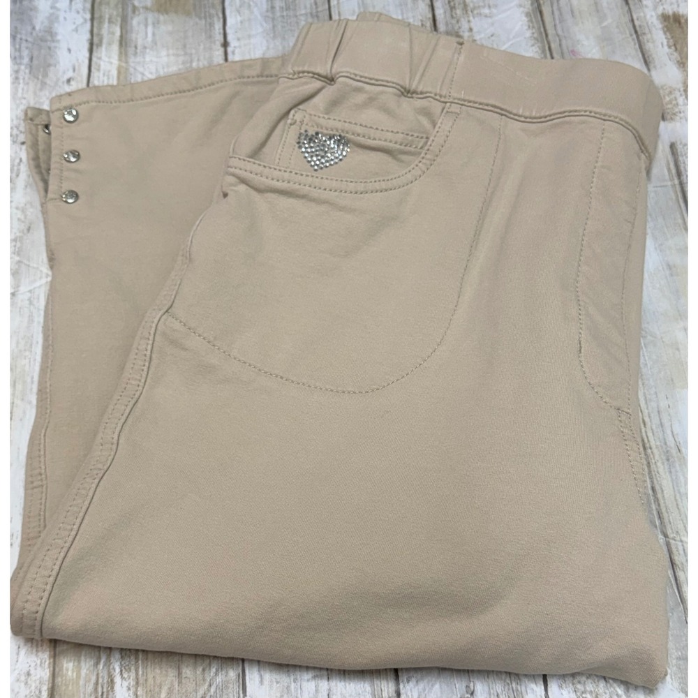 Quacker Factory DreamJeannes Khaki Pedal Pushers Rhinestone Heart Size Large